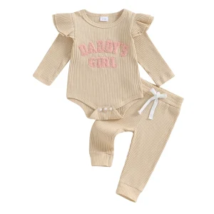 “Daddy’s Girl” Ribbed Knit Baby Outfit – Long Sleeve Romper & Pants Set