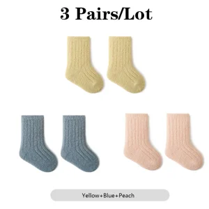3-Pair Warm Cotton Baby Socks – Thick Mid-Tube Winter Socks for Boys & Girls