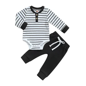 Autumn Striped Baby Outfit – Long Sleeve Romper & Pants Set