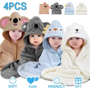 4-Piece Soft Baby Hooded Towel Set – Absorbent Bath Towels for Newborns & Toddlers (32x32 in)