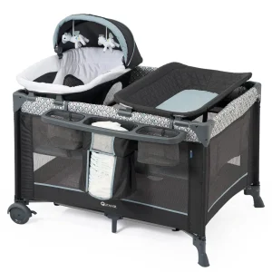 5-in-1 Multifunctional Foldable Pack and Play – Baby Crib with Bassinet, Changing Table, Napper, Canopy & Diaper Stacker (Mint)